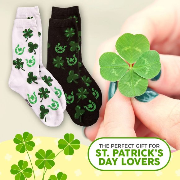 Luck Irish Four Leaf Clover Shamrock Horseshoe Green Foozys 2 Pair Women's Socks - Picture 2 of 5